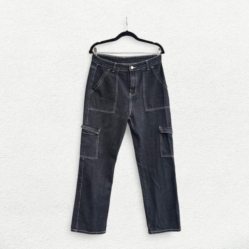 SheIn Cargo Pants in Black Denim with White Stitching